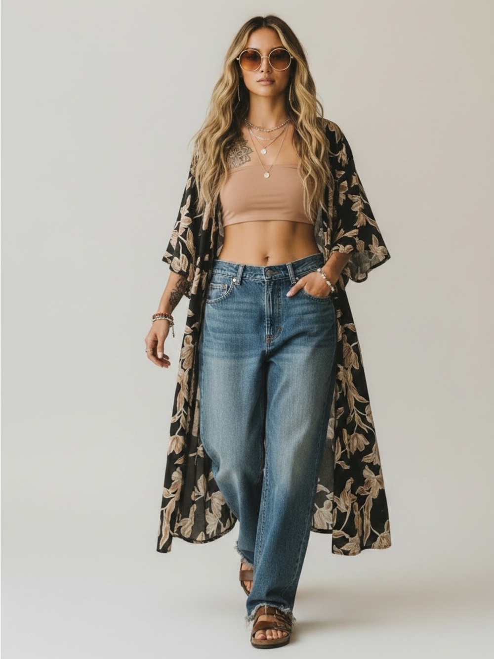 Anthropologie Maison Du Soir Romantic Boho Kimono Robe Floral Black L/XL Spring